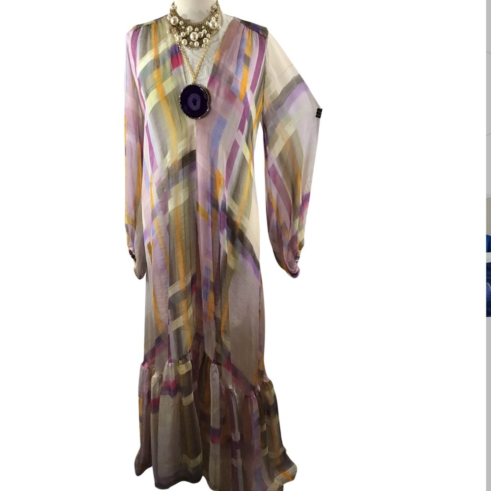 Michelle Farmer sheer chiffon watercolor plaid maxi dress S
